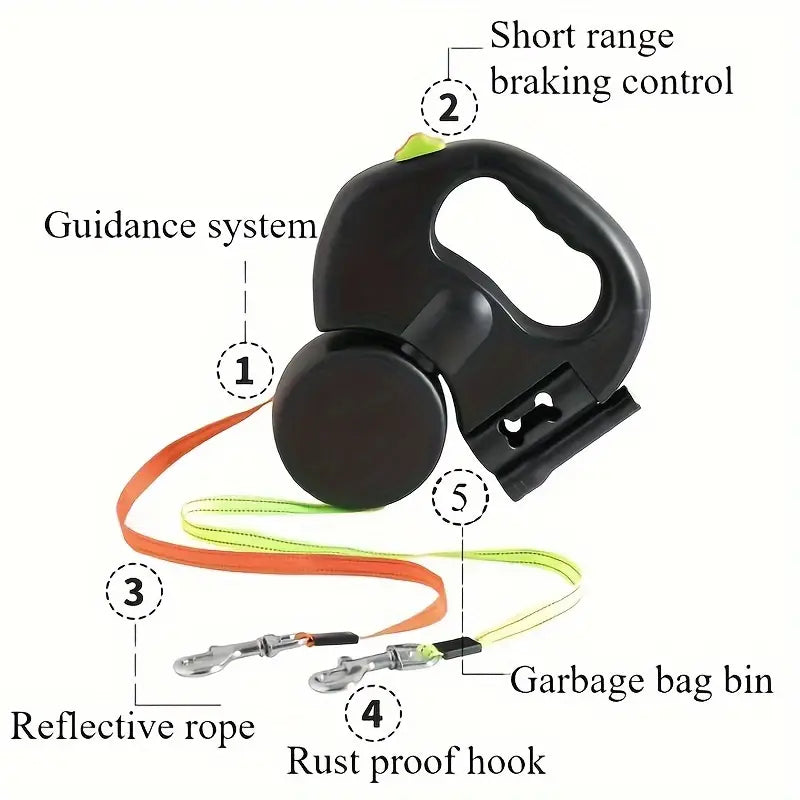 Dual Retractable Dog Leash with LED and Waste Bag