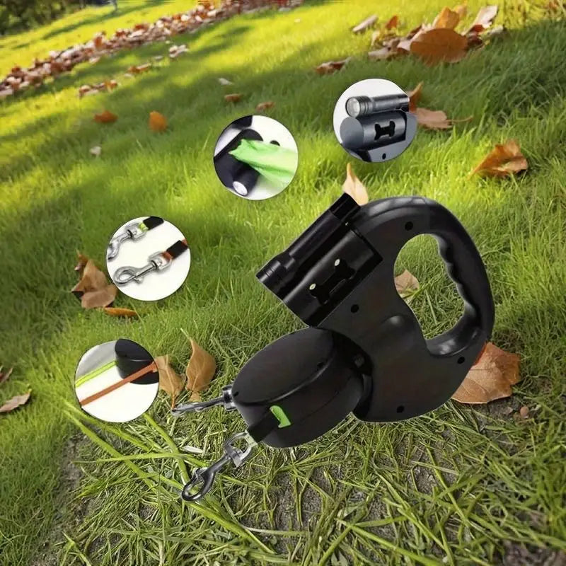 Dual Retractable Dog Leash with LED and Waste Bag